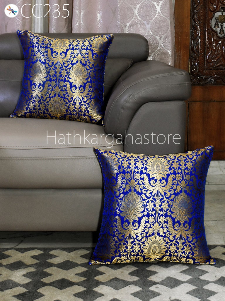 Blue Silk Pillow Cover Brocade Pillowcase Handmade Lumbar Sham Etsy Australia