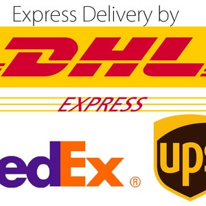 May include: Image featuring the logos of DHL, FedEx, and UPS. The DHL logo is red and yellow, with the words "Express Delivery by" above and "EXPRESS" below. The FedEx logo is purple and orange, and the UPS logo is brown and gold.