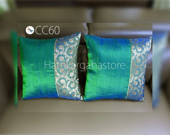 Green Brocade Silk Throw Pillow Handmade 18x18 Cushion Cover Living Room Home Decor Designer Pillowcase House Warming Bridal Shower Mom Gift