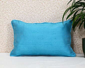 Iridescent Turquoise Silk Lumbar Pillow Cover with Frill : Handmade Dupioni Cushion with Piping