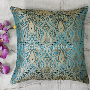 Teal Brocade Silk Pillow Cover Handmade Lumbar Pillowcases Sham Decorative Car Cushion Home Decor House Warming Bridal Shower Wedding Gift