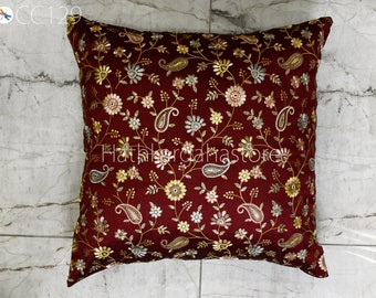 Burgundy Embroidered Cushion Cover: Floral Throw Pillow, Decorative Home Decor