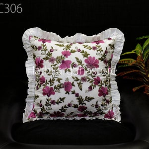 Embroidered Frill Throw Pillow | Violet Cushion Cover Handmade Embroidery Home Decor | All Sizes Pillowcases | House Warming, Wedding Gifts