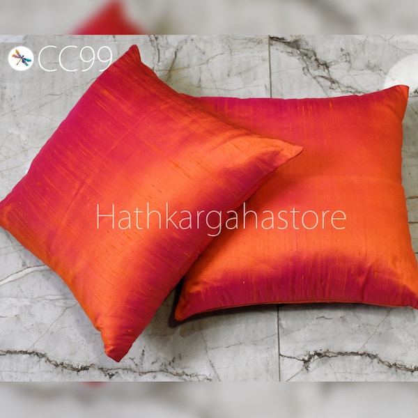 Iridescent Orange Hot Pink Dupioni Silk Square Cushion Cover | Handmade Pillowcases | 100% Pure Silk Throw Pillow | Home decor Wedding Gift