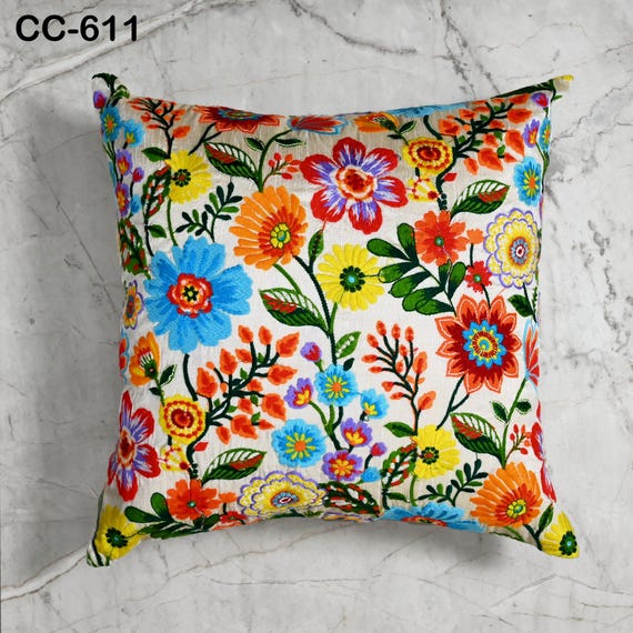 Blush Floral Embroidered Cushion Cover: Handmade Throw Pillow
