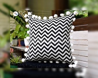 Black Chevron Jacquard Pillow Cover: Geometric Home Decor with Pom Poms