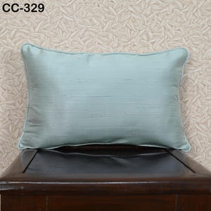 Powder Blue Dupioni Silk Pillow Cover, Piping : Handmade Rectangle Cushion, Frills