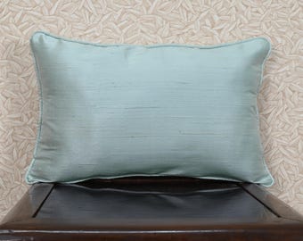 Powder Blue Dupioni Silk Pillow Cover, Piping : Handmade Rectangle Cushion, Frills