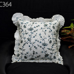 White Embroidered Frill Throw Pillow Cushion Cover Handmade Embroidery Decorative Home Decor Pillowcase House Warming Bridal Shower Wedding