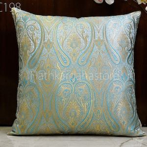 Turquoise Brocade Silk Pillow Cover Lumbar Pillowcases Handmade Sham Decorative Cushion Home Decor House Warming Bridal Shower Wedding Gift