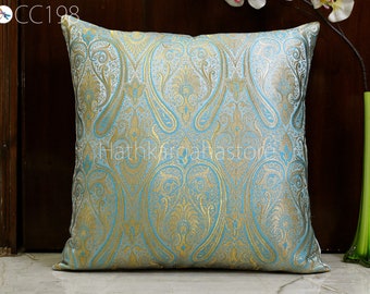 Turquoise Brocade Silk Pillow Cover Lumbar Pillowcases Handmade Sham Decorative Cushion Home Decor House Warming Bridal Shower Wedding Gift