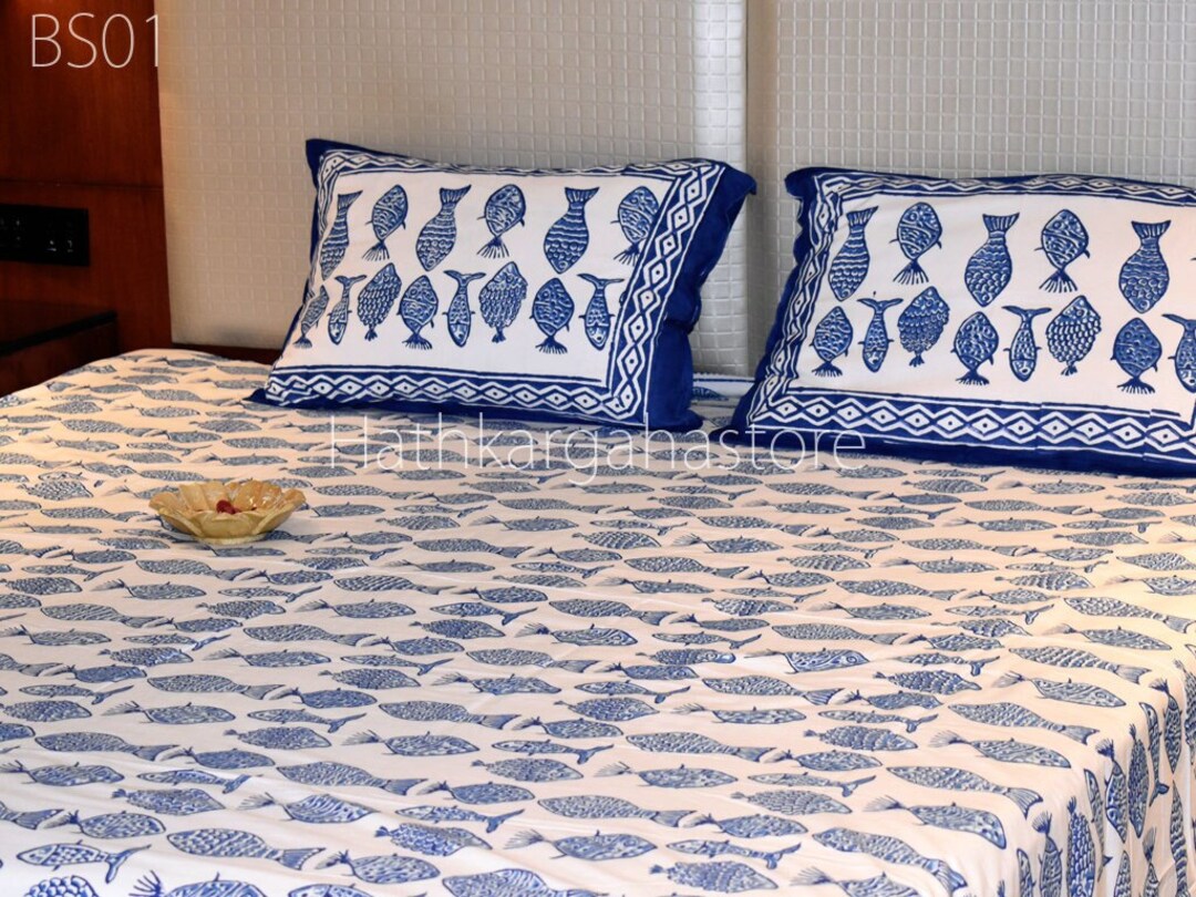 Cotton Bed Sheet Set Hand Block Fish Printed Bedcover King - Etsy