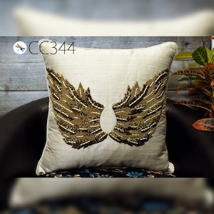 Hand Embroidered Ivory with Gold Bead Dupioni Silk Cushion Cover | Pure Silk Throw Pillow | Luxury Home Décor | Wedding & Housewarming Gift