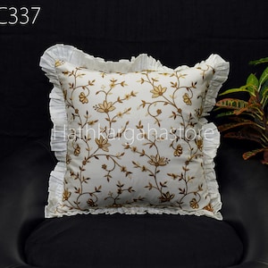 White Embroidered Frill Throw Pillow Cushion Cover Handmade Embroidery Decorative Home Decor Pillowcase House Warming Bridal Shower Wedding