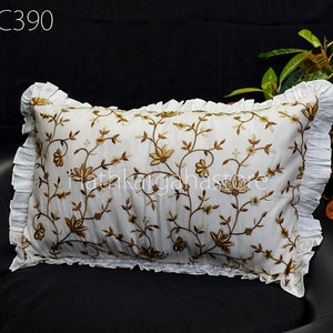 Embroidered White Frill Throw Pillow | Rectangle Pillowcase Indian | Custom Home Decor Boho Cotton Cushion Cover HouseWarming | Gift for Mom