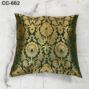 Green Brocade Cushion Cover – Luxury Silk Gold Throw Pillow Case – Decorative Indian Brocade Sofa Pillow for Festive / Wedding Home Décor