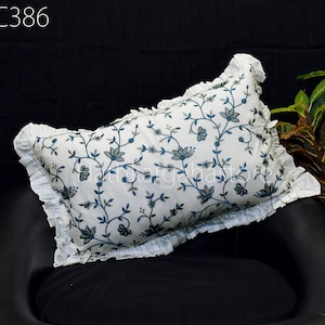 Embroidered White Frill Throw Pillow | Rectangle Pillowcase Indian | Custom Home Decor Boho Cotton Cushion Cover HouseWarming Gift for Mom
