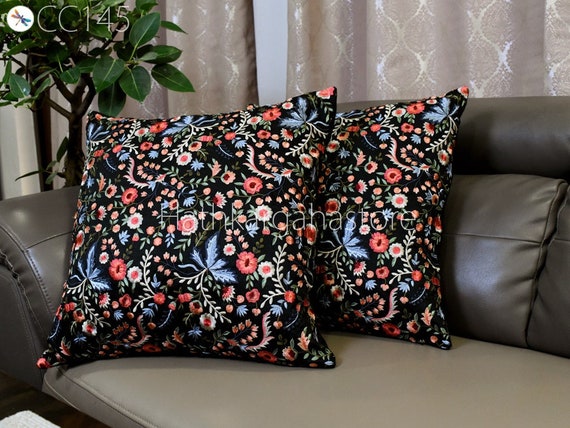 Embroidered Floral Throw Pillow Cover, Black Dupioni Cushion Cover, Handmade Home Decor, Indian Embroidery Cushion, Sofa Pillowcase