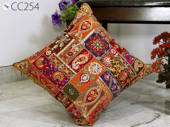 Indian Patchwork Cushion Cover, Embroidered Boho Throw Pillow with Sequins, Colorful Floral Paisley Decorative Pillowcase , Maximalist decor