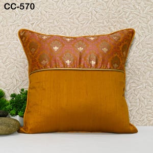 Marigold Yellow Cushion Cover Square Pure Silk Luxury Cushion Brocade Pillowcase For Sofa Bed or Throw Designer Fabric Indian Handmade