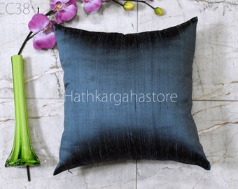Steel Blue Dupioni Silk Pillow Cover: Handmade Square Cushion