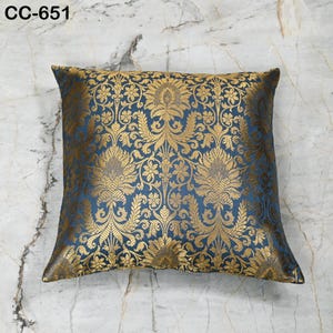 Grey & Gold Brocade Cushion Cover – Luxury Silk Throw Pillow Case – Decorative Indian Brocade Sofa Pillow for Festive / Wedding Home Décor