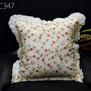 White Embroidered Throw Pillow with Frill Cushion Cover Handmade Embroidery Decorative DIY Home Decor Pillowcase HouseWarming Bridal Shower