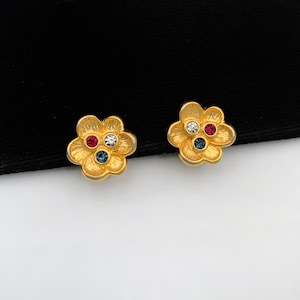 LANVIN Vintage Gold Plated Flower with Crystal Clip on Earrings
