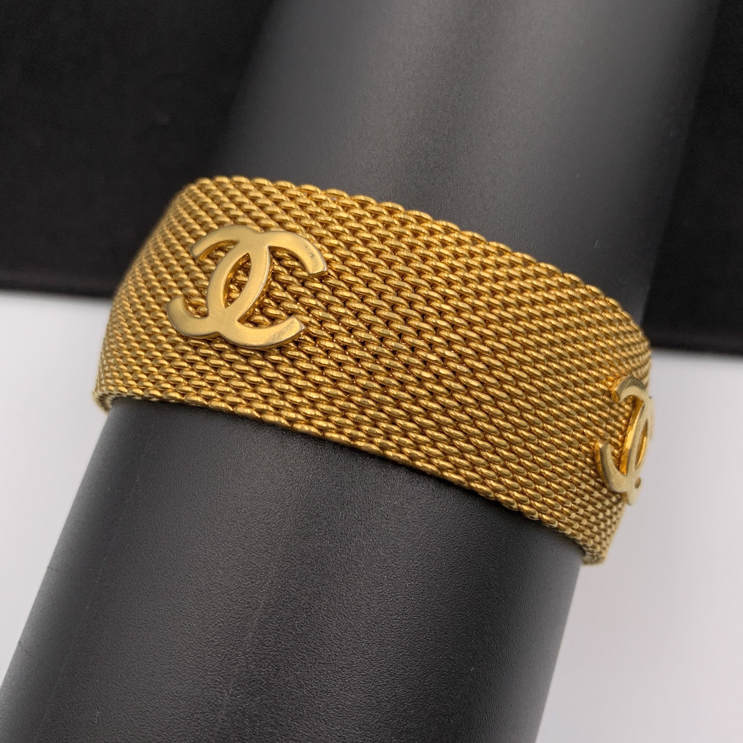 Vintage Cuff Bracelet 1980s Gold Toned Chain Black Leather