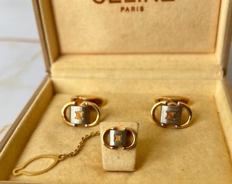 CELINE Vintage Logo Gold and Silver Plated Cufflinks and Tie Clip