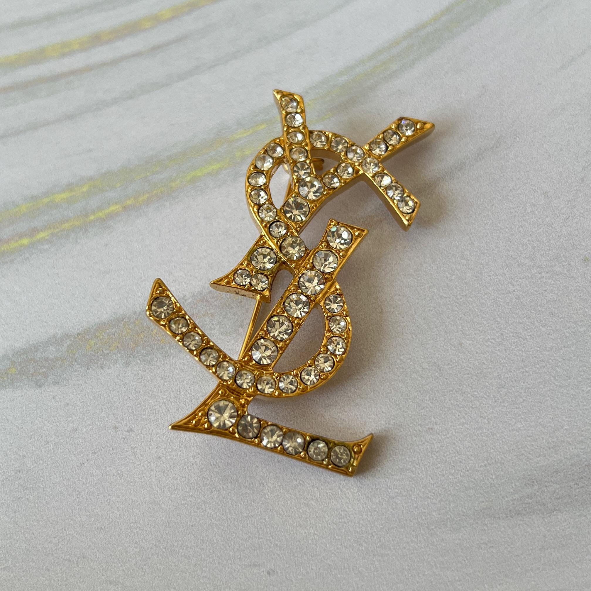 Yves Saint Laurent Vintage Logo Gold Plated With Crystals Brooch
