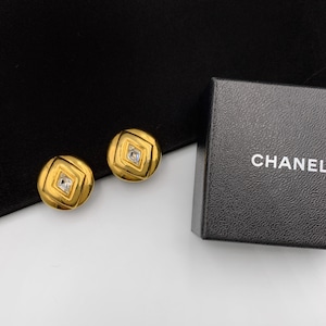 CHANEL Vintage 1980s Gold Plated with Crystal Clip on Earrings