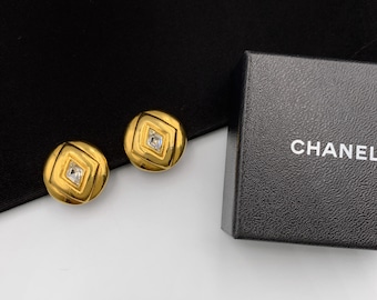 CHANEL Vintage 1980s Gold Plated with Crystal Clip on Earrings