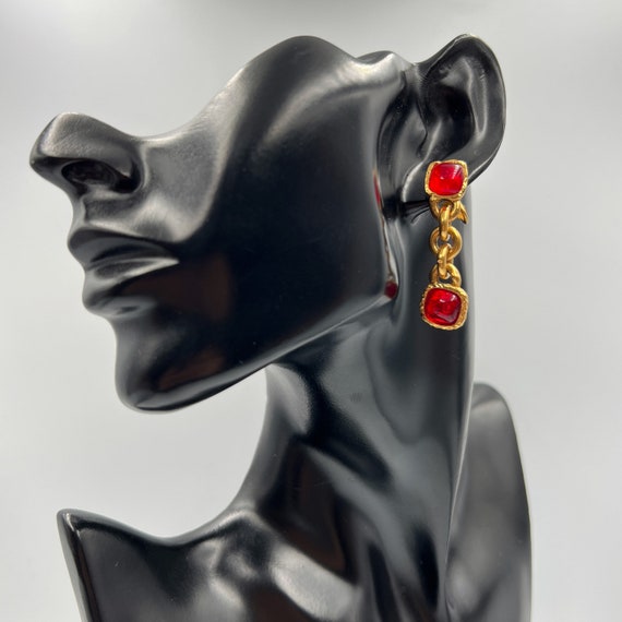 CHANEL 1960's Maison Gripoix Red Green Glass Hoop Earrings