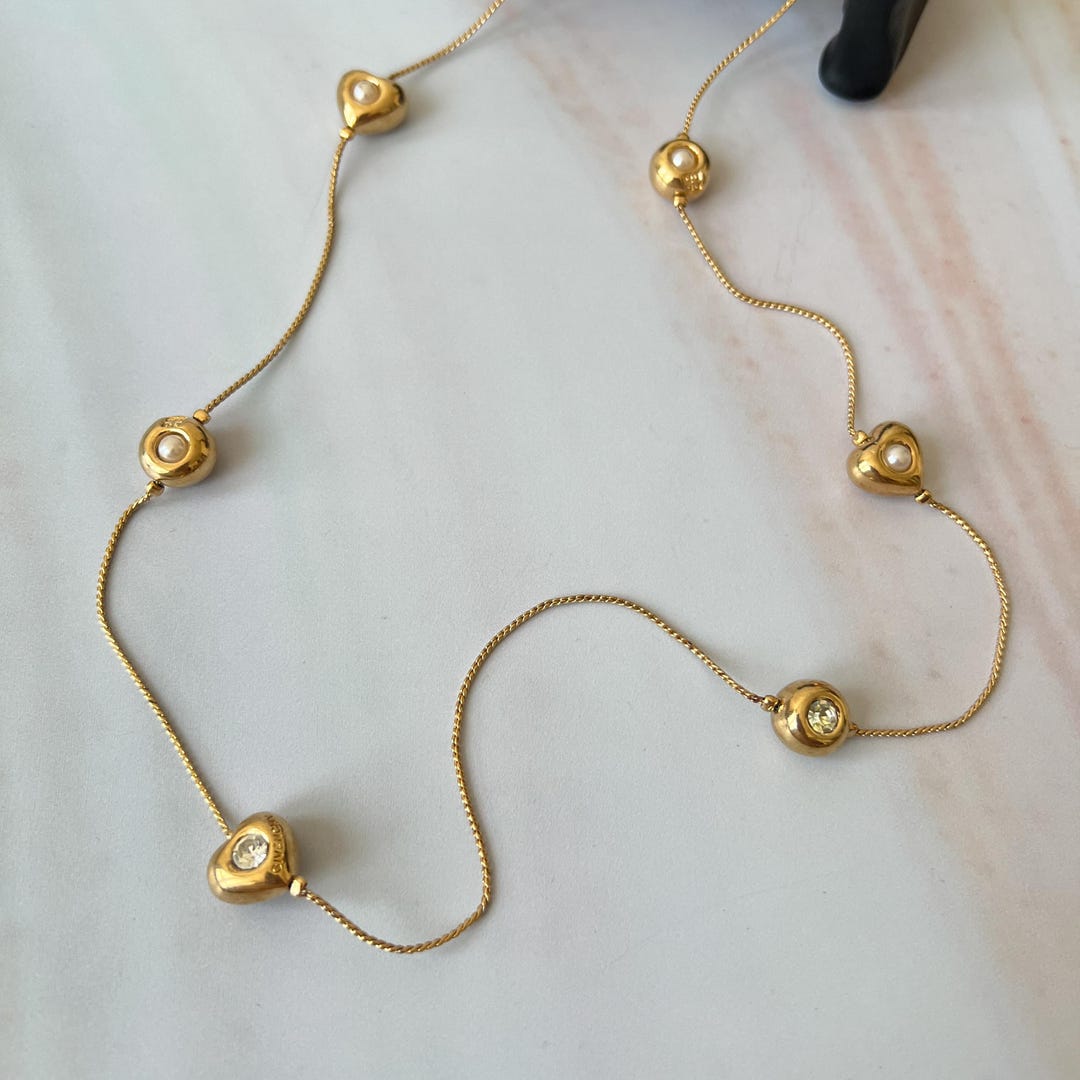 GIVENCHY Vintage Crystal Gold Plated With Faux Pearl Long Necklace