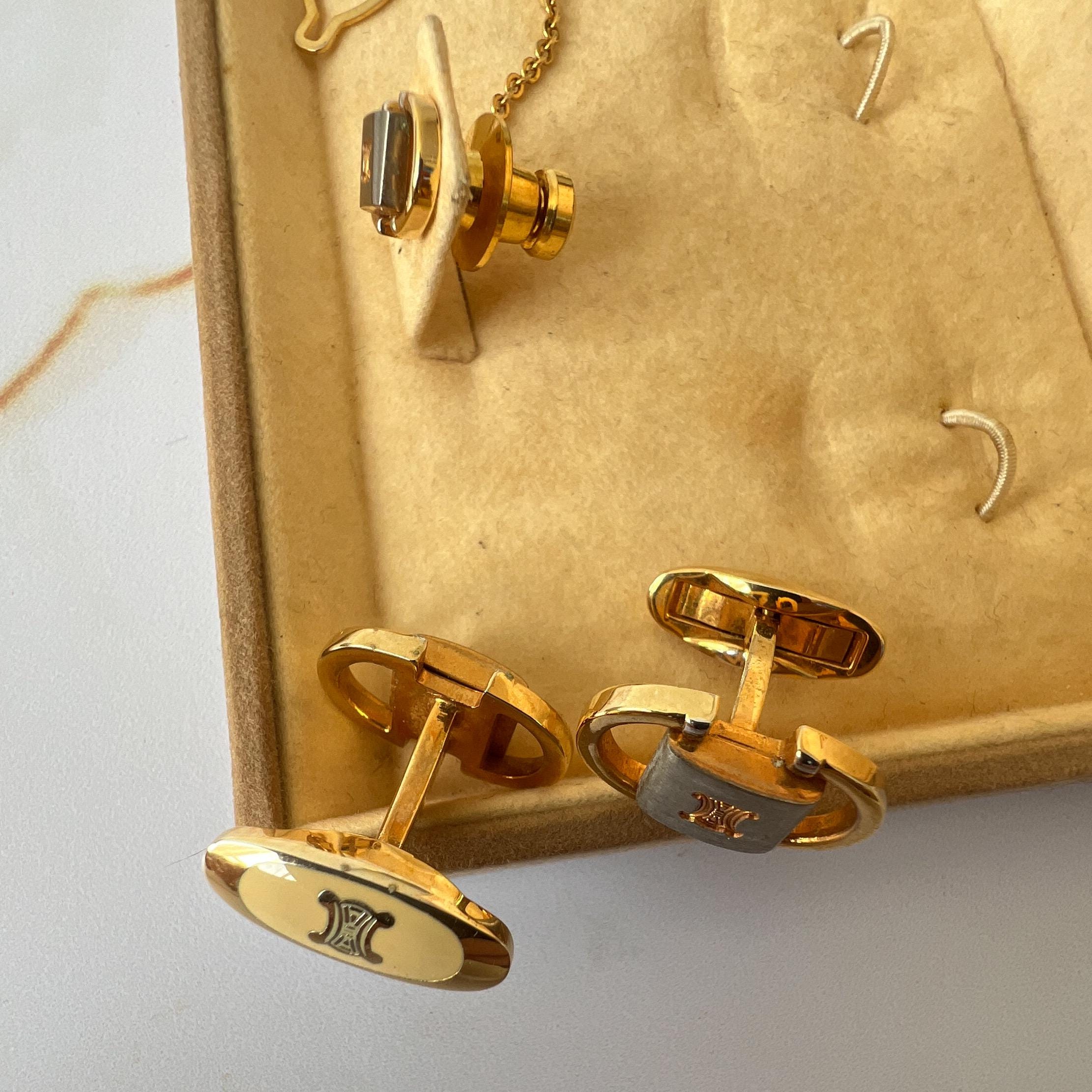 CELINE Vintage Logo Gold and Silver Plated Cufflinks and Tie Clip
