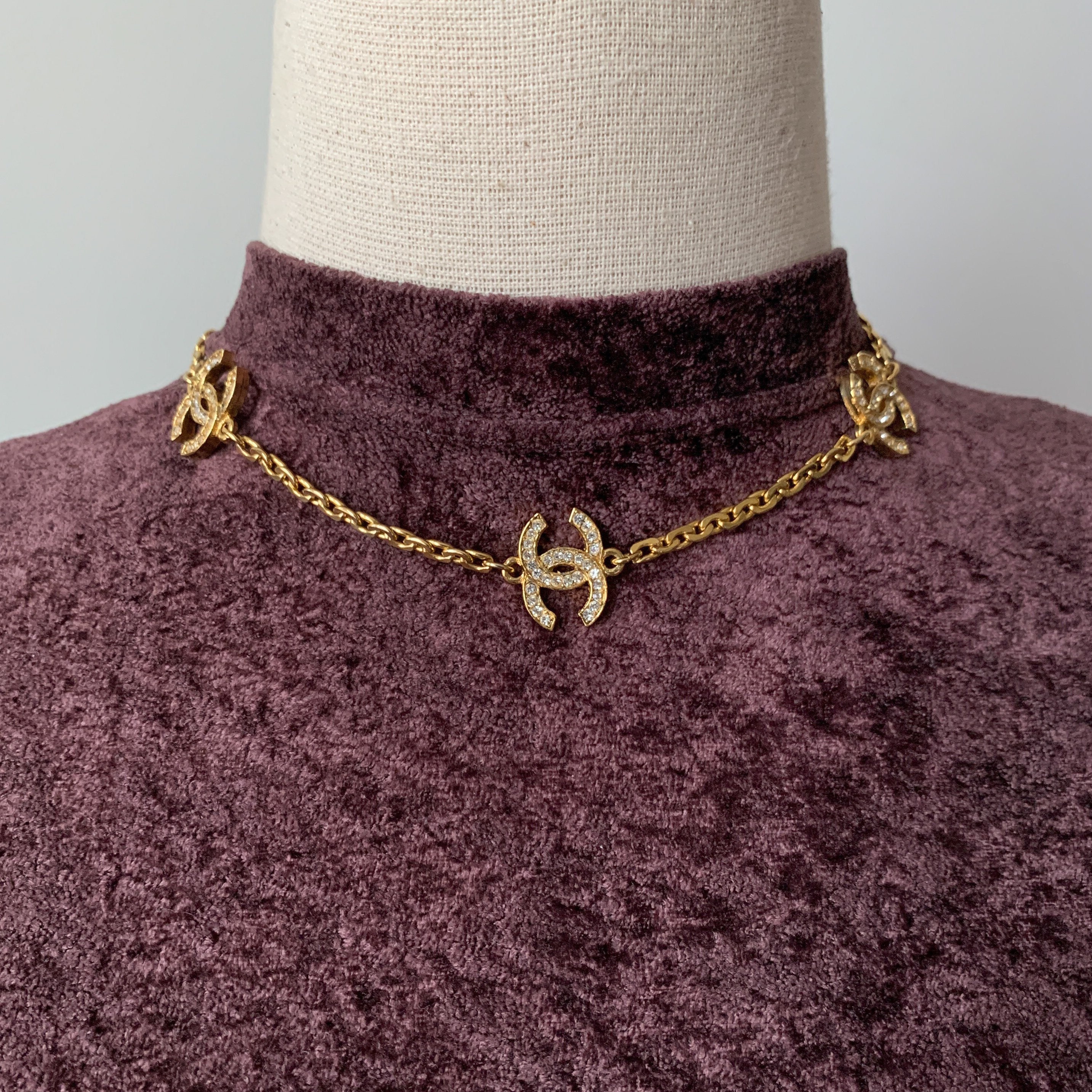Vintage 80s CHANEL Crystal CC Choker Necklace 