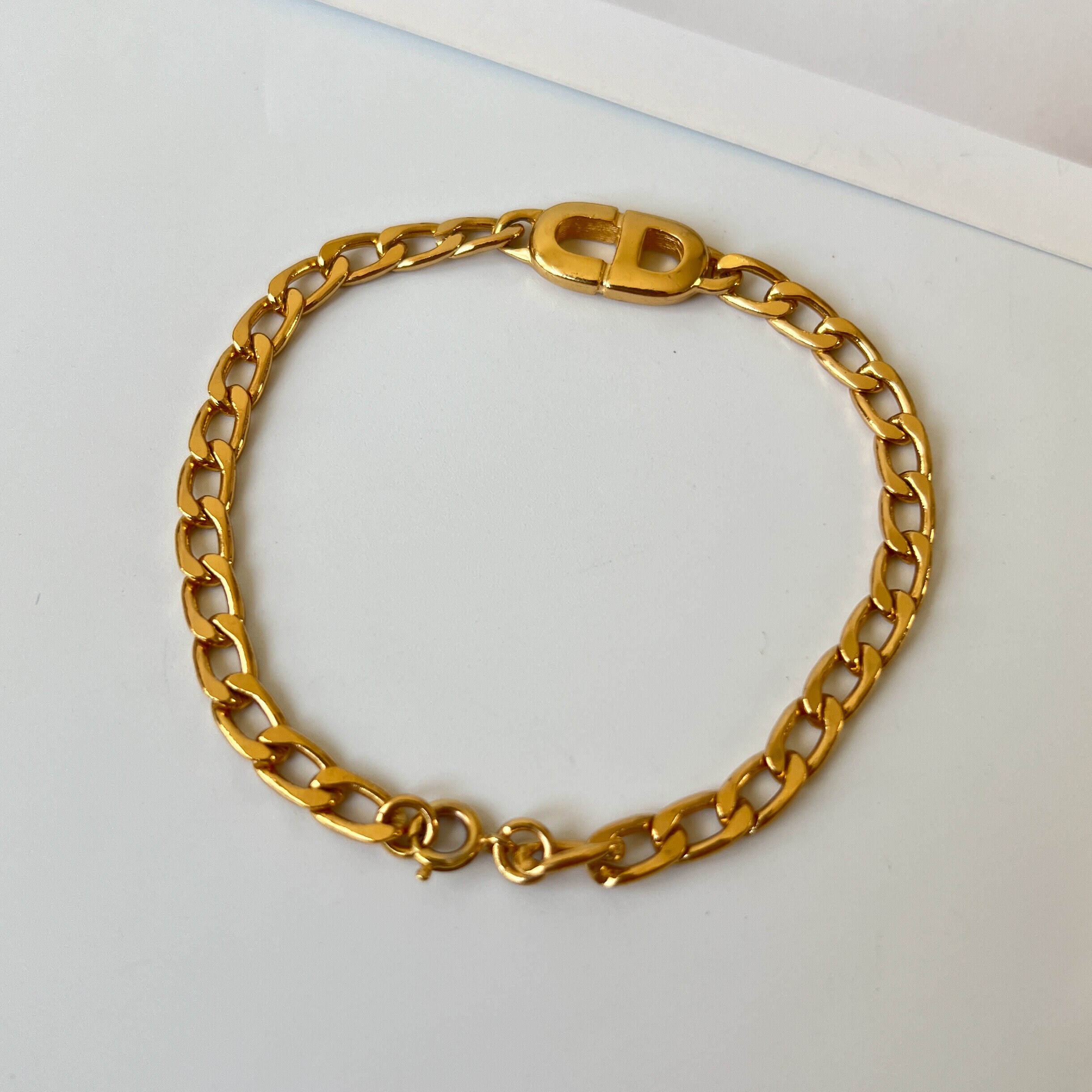 CHRISTIAN DIOR Bracelet Bangle Chain AUTH LOGO BIG Vintage