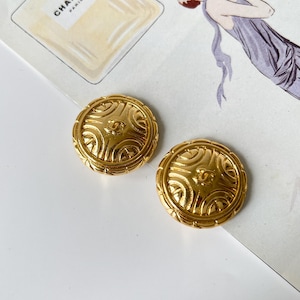 CHANEL Vintage Coin Gold Plated Logo Clip on Earrings