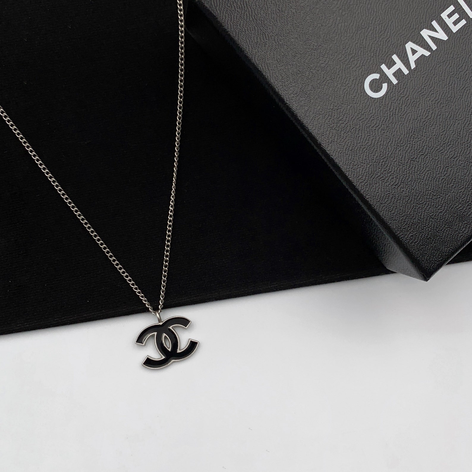 CHANEL Crystal CC Black Enamel Necklace Silver | Etsy