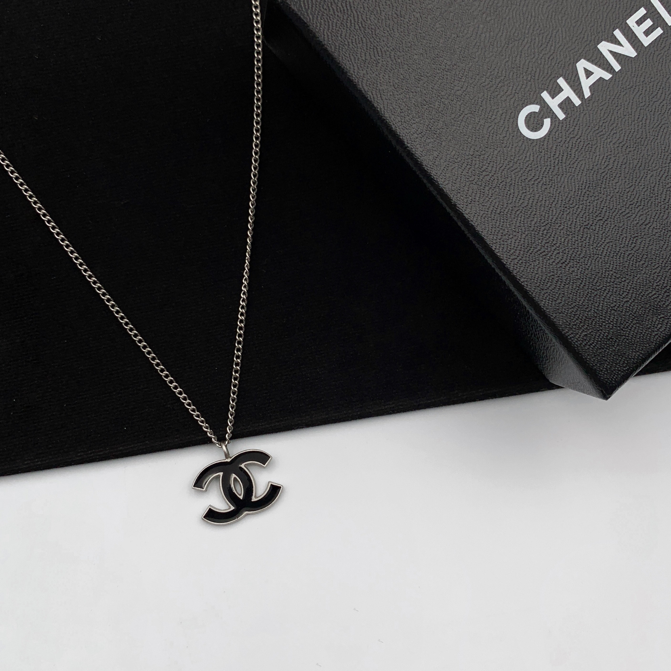 CHANEL Crystal CC Black Enamel Necklace Silver 