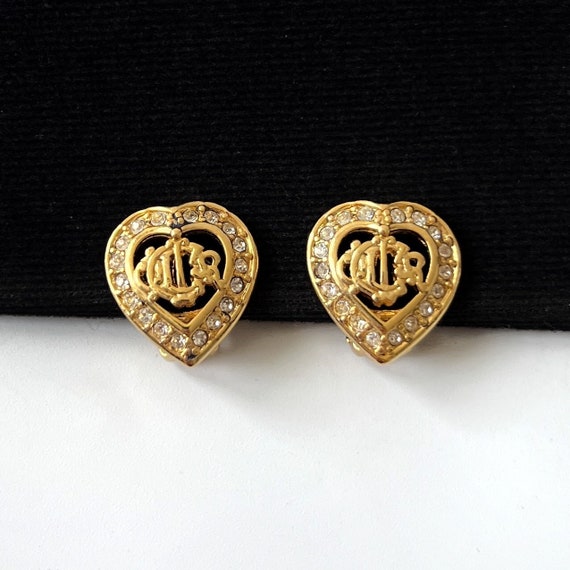 Christian Dior Gold Plated Dior Heart Crystal Logo Clip-on