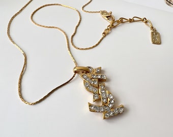 Buy YSL Vintage Gold Plated YSL Logo With Crystal Pendant Necklace