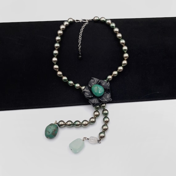 Philippe Ferrandis Paris Black Flower Faux Pearl Necklace