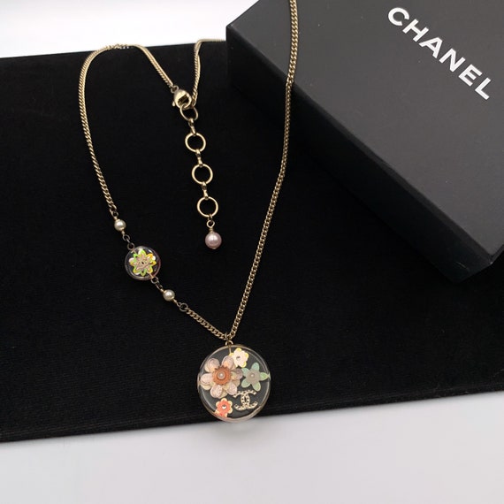 CHANEL Crystal CC Pearl Drop Necklace Light Gold 