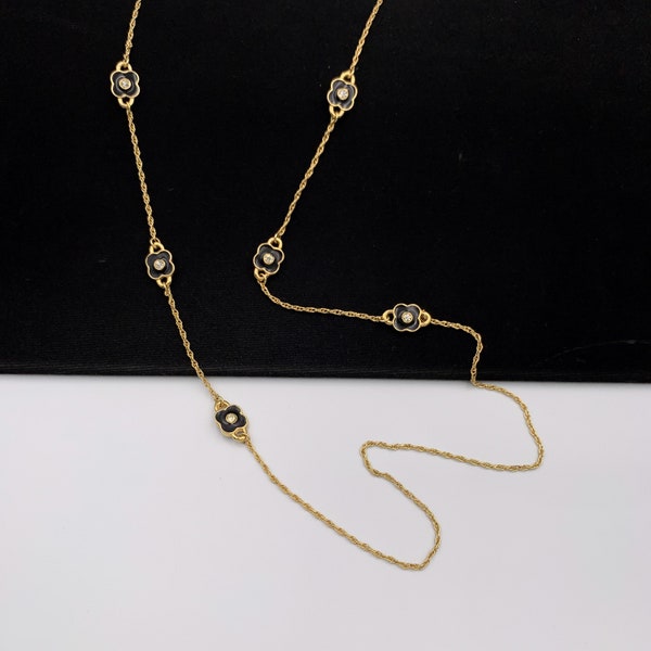 Christian Dior Vintage Black Enamel Flower with Crystal Necklace