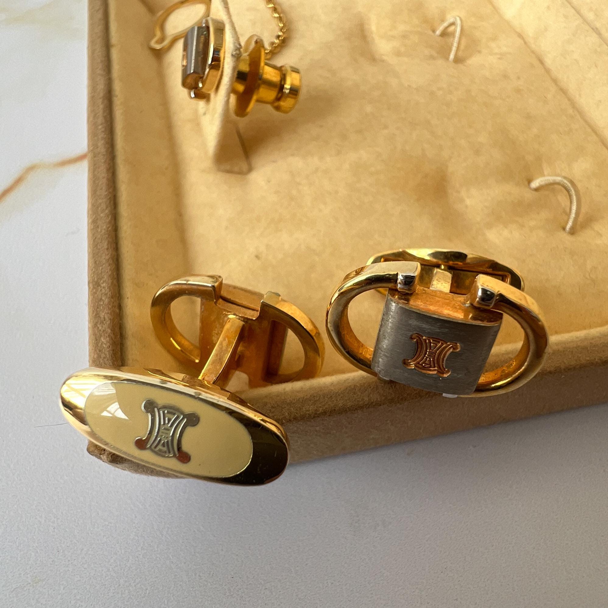 CELINE Vintage Logo Gold and Silver Plated Cufflinks and Tie Clip