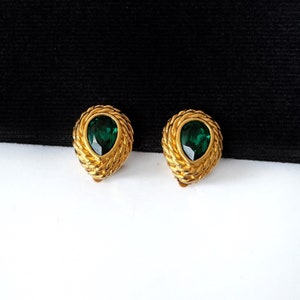 LANVIN Vintage Gold Plated with Green Crystal Earrings