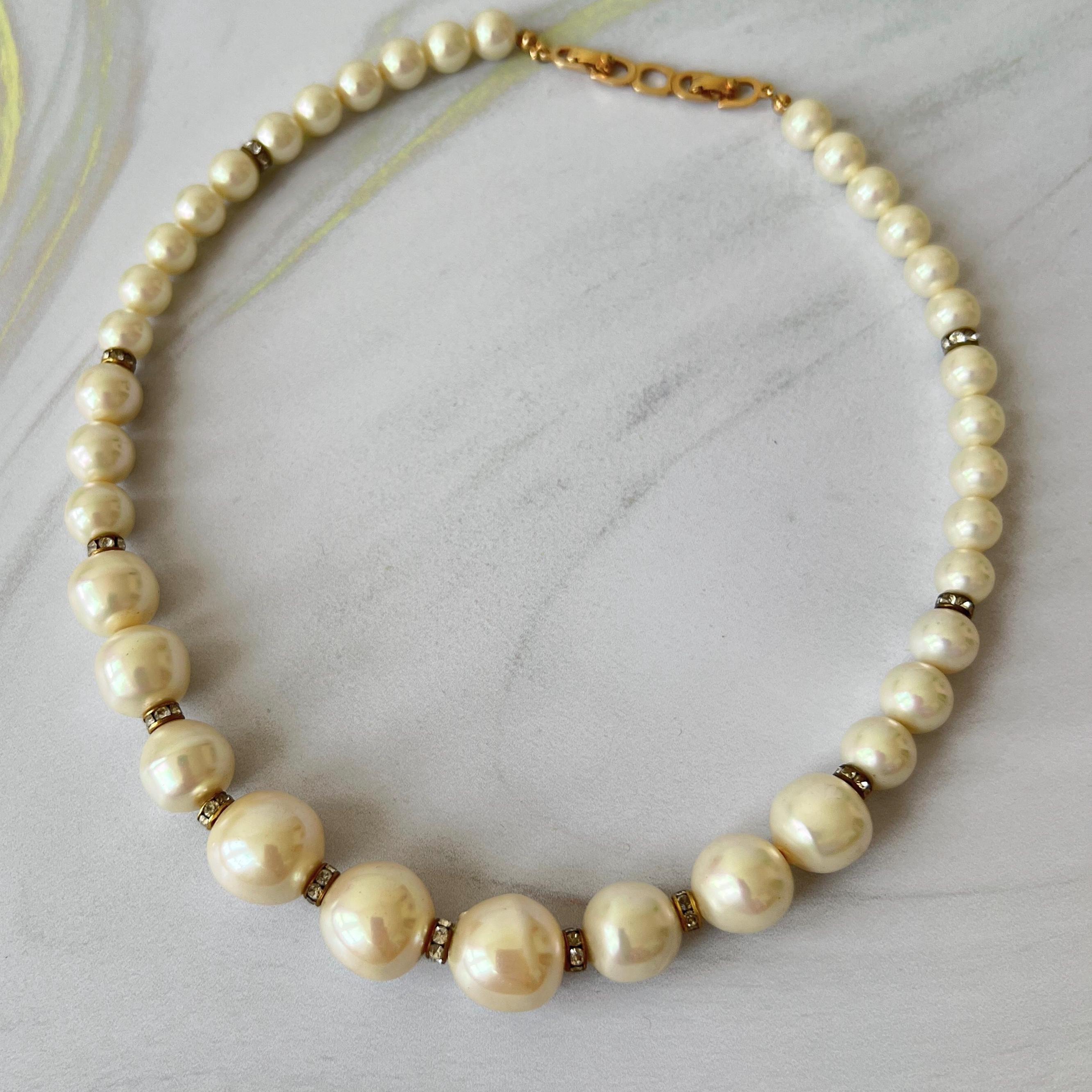 Christian Dior Vintage Gold Plated With Crystal Faux Pearl Choker