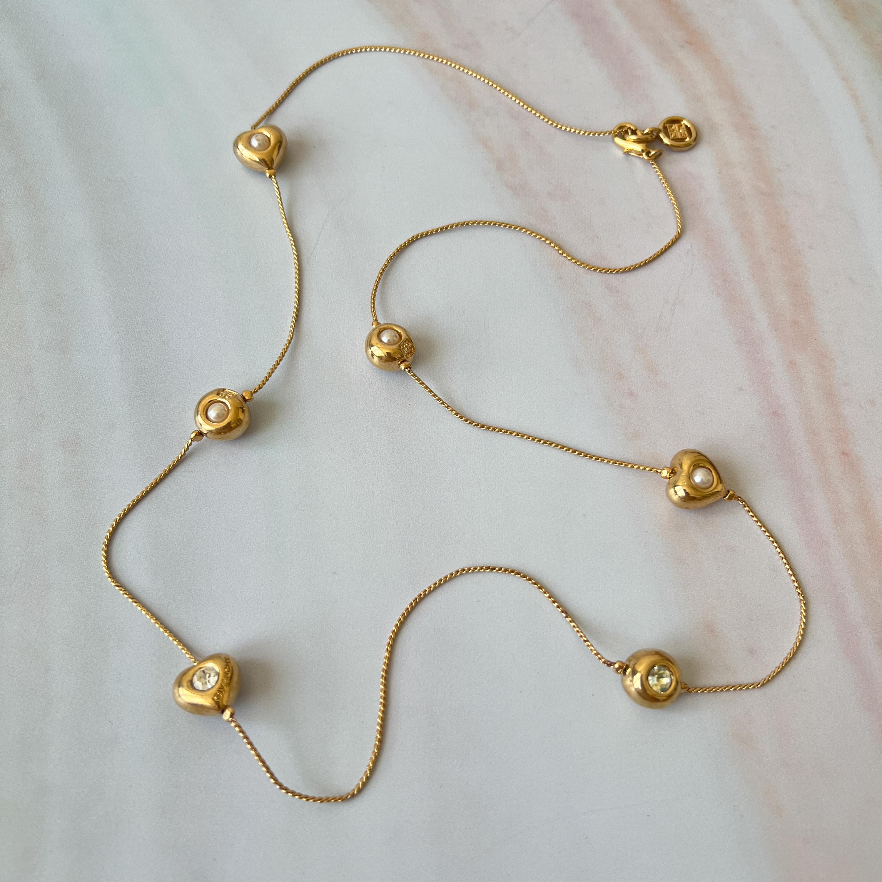 GIVENCHY Vintage Crystal Gold Plated With Faux Pearl Long Necklace